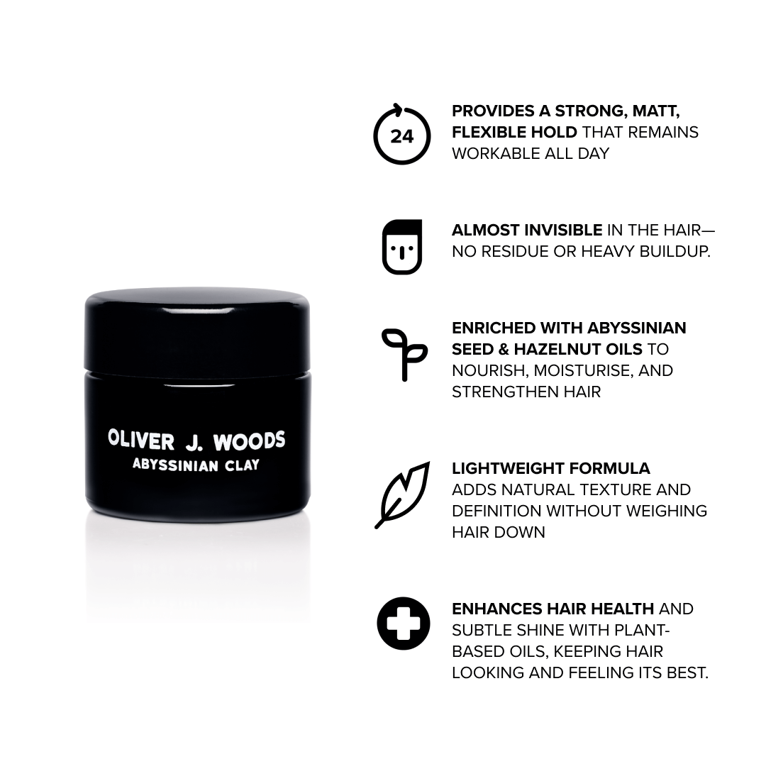 Abyssinian Clay - Natural Hair Styling Clay for Men - Matte Hold. Men's Hair Products. Men's Grooming Gift Ideas.  By Oliver J. Woods.