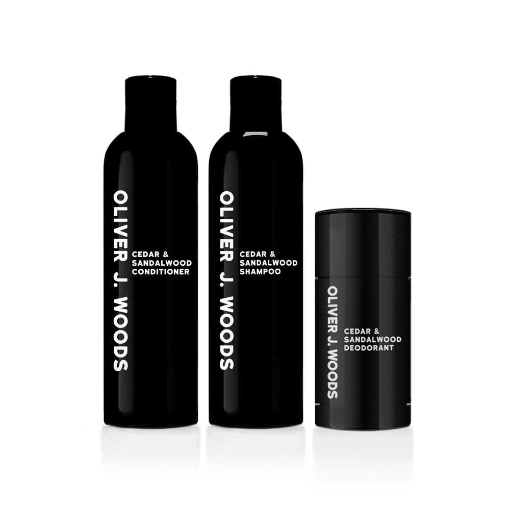 A set of luxury men's grooming products including Cedar & Sandalwood Shampoo, Conditioner & Deodorant